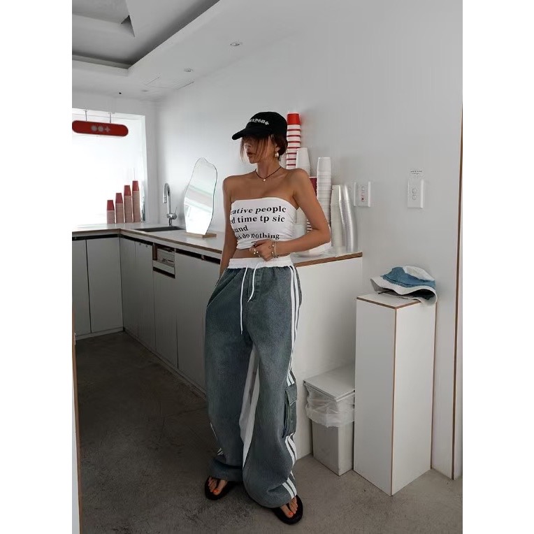 《HSS 韓國代購》正韓 🇰🇷 東大門 雙色拼色鬆緊腰側口袋牛仔工裝褲-細節圖6