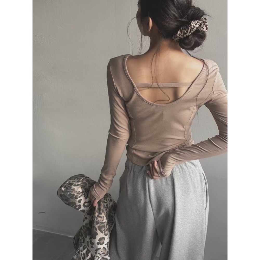 《HSS 韓國代購》正韓 🇰🇷 東大門 後露背露肩 修身馬甲線 純色薄長袖上衣-細節圖8