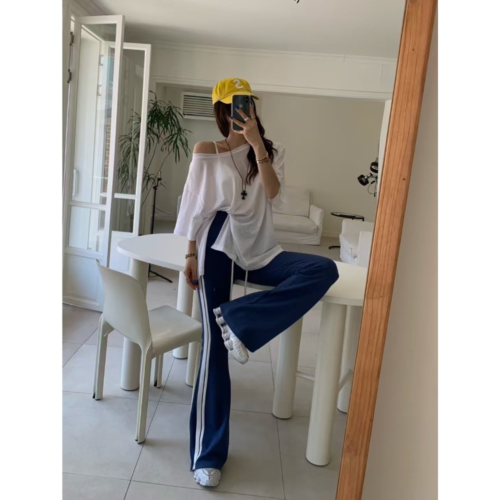 《HSS 韓國代購》正韓 🇰🇷 東大門 Revecite 側白線條微性感曲線彈力顯修長 鬆緊腰休閒棉褲 喇叭褲-細節圖2