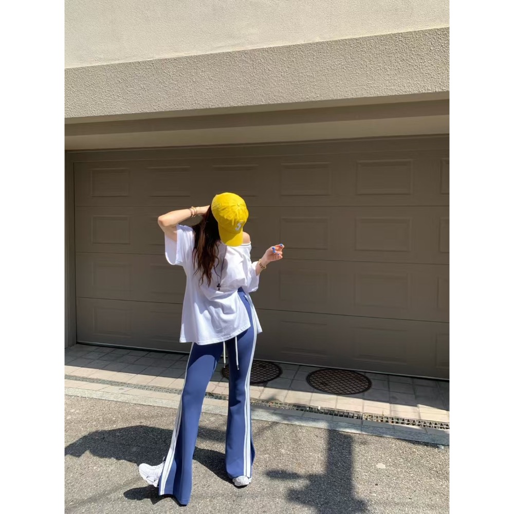 《HSS 韓國代購》正韓 🇰🇷 東大門 Revecite 側白線條微性感曲線彈力顯修長 鬆緊腰休閒棉褲 喇叭褲-細節圖3