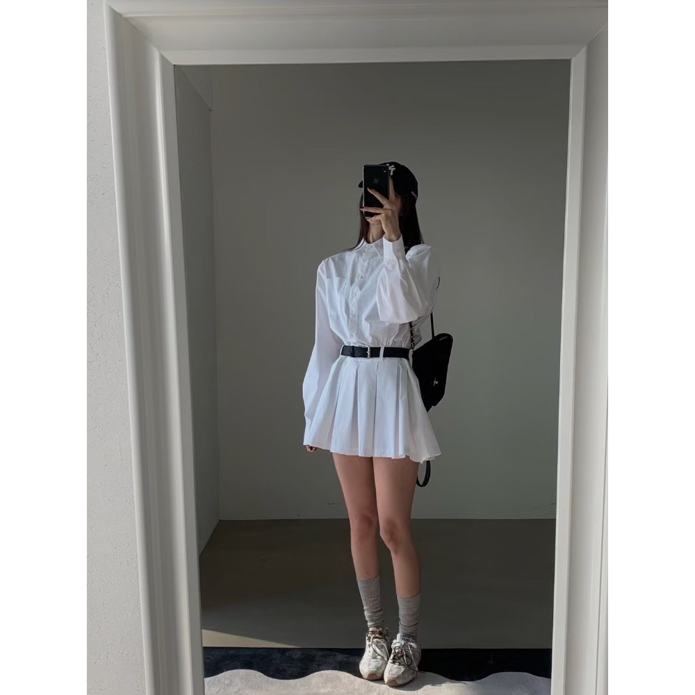 《HSS 韓國代購》正韓 🇰🇷 東大門 襯衫百褶裙洋裝連身裙（附腰帶）-細節圖3