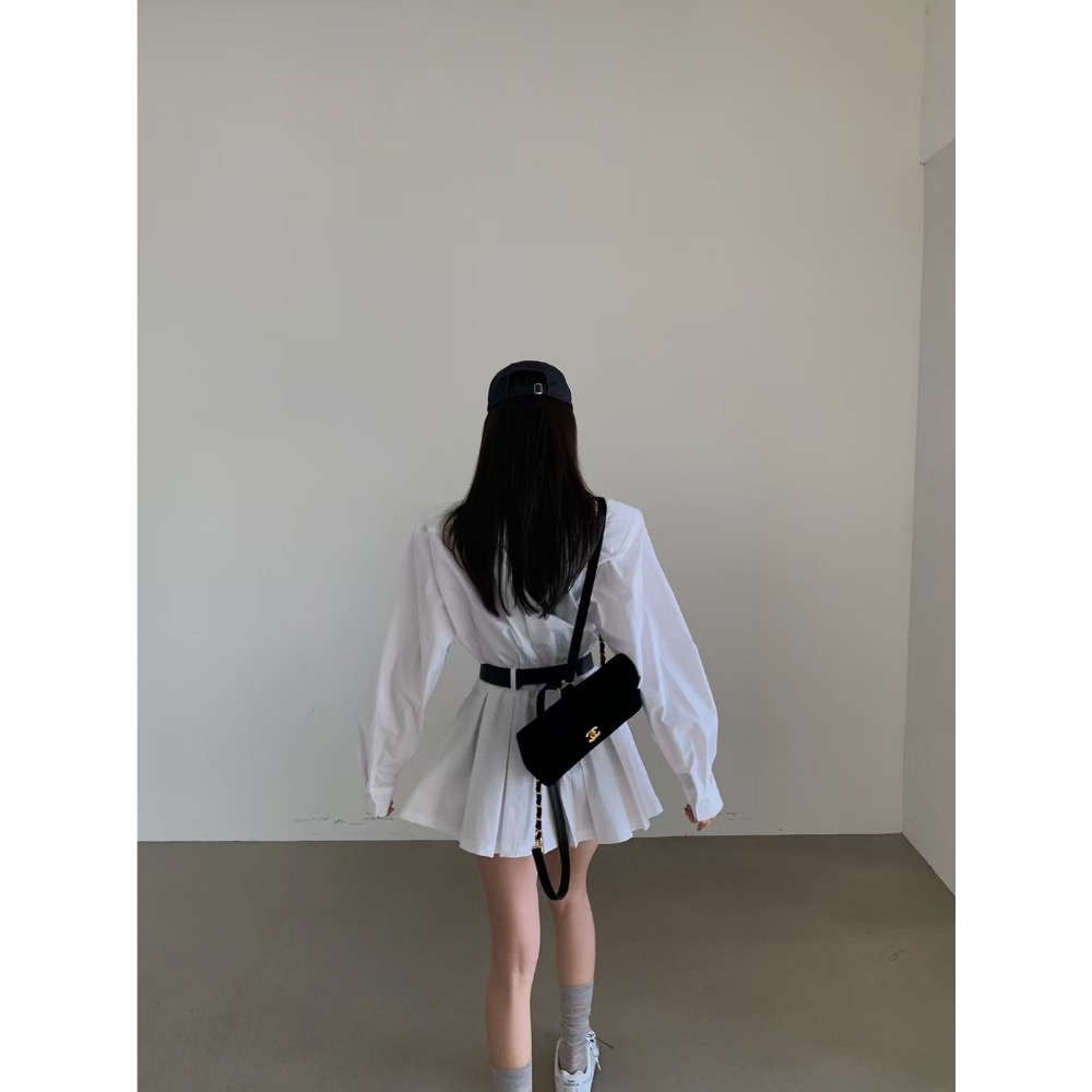 《HSS 韓國代購》正韓 🇰🇷 東大門 襯衫百褶裙洋裝連身裙（附腰帶）-細節圖5