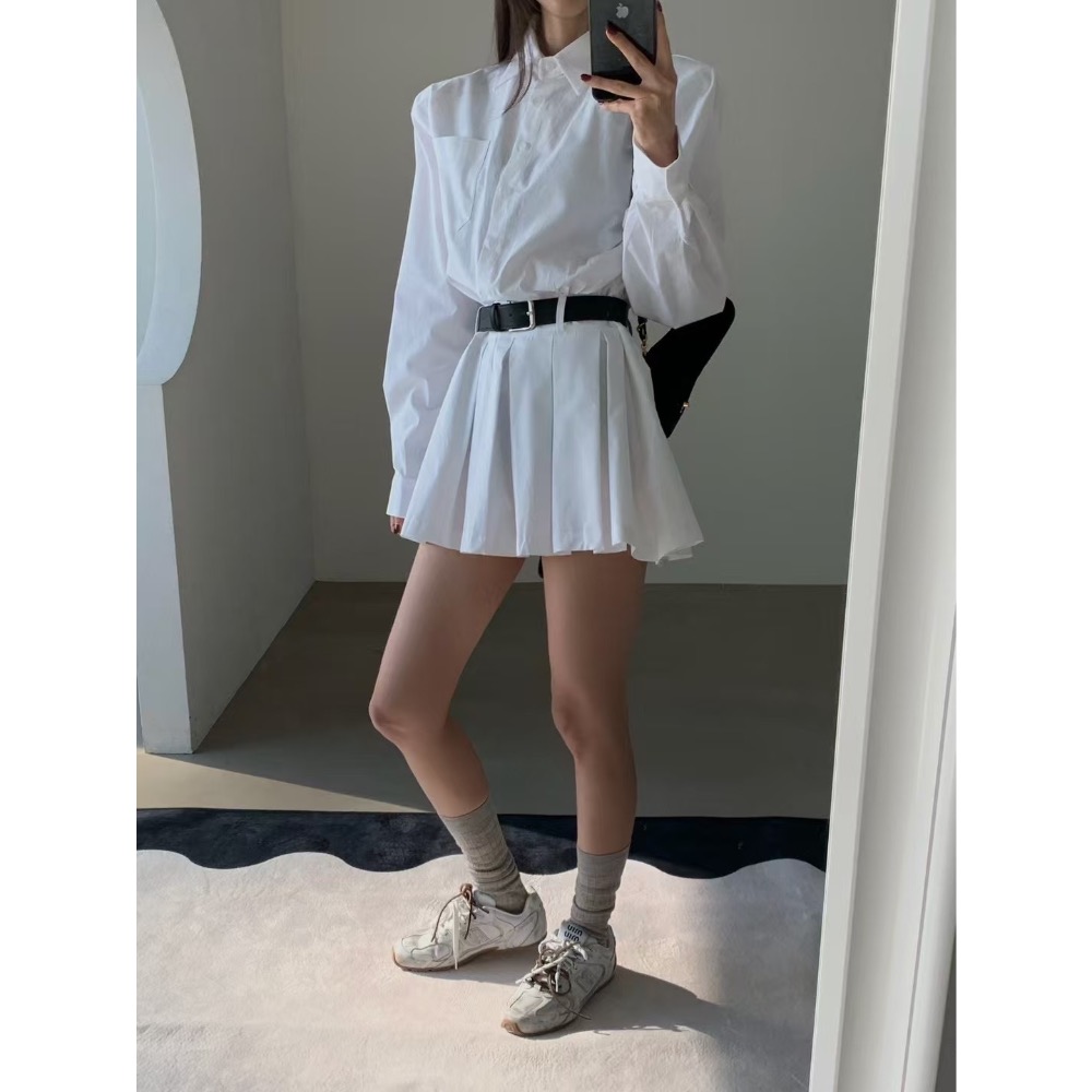 《HSS 韓國代購》正韓 🇰🇷 東大門 襯衫百褶裙洋裝連身裙（附腰帶）-細節圖6