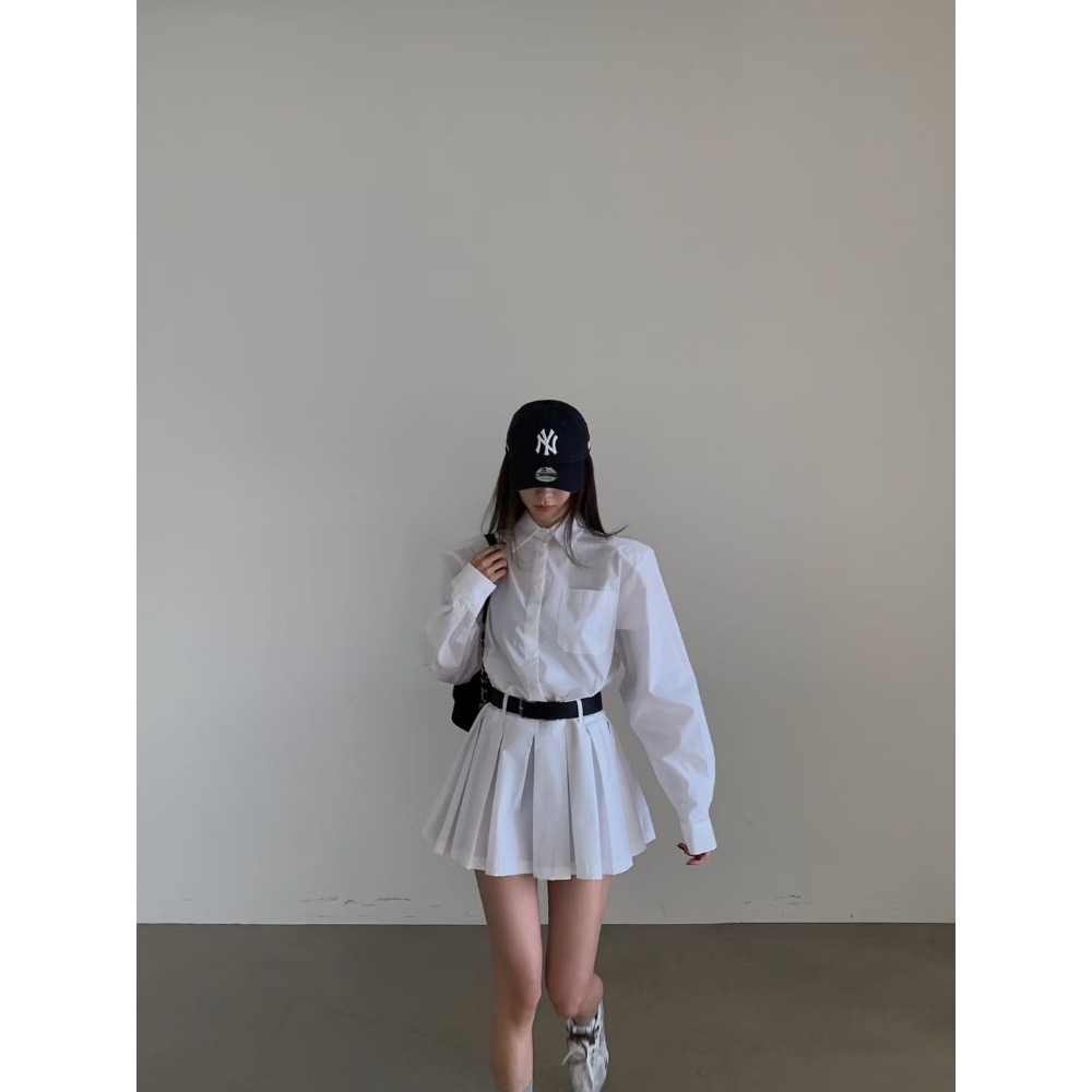 《HSS 韓國代購》正韓 🇰🇷 東大門 襯衫百褶裙洋裝連身裙（附腰帶）-細節圖7