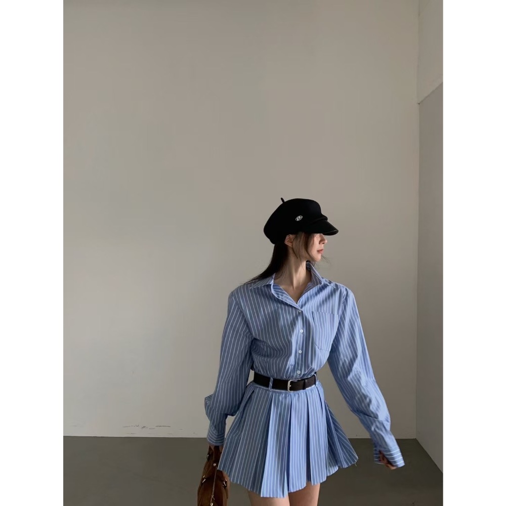 《HSS 韓國代購》正韓 🇰🇷 東大門 襯衫百褶裙洋裝連身裙（附腰帶）-細節圖9