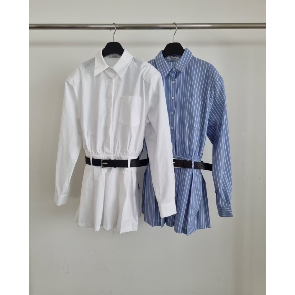 《HSS 韓國代購》正韓 🇰🇷 東大門 襯衫百褶裙洋裝連身裙（附腰帶）-細節圖11