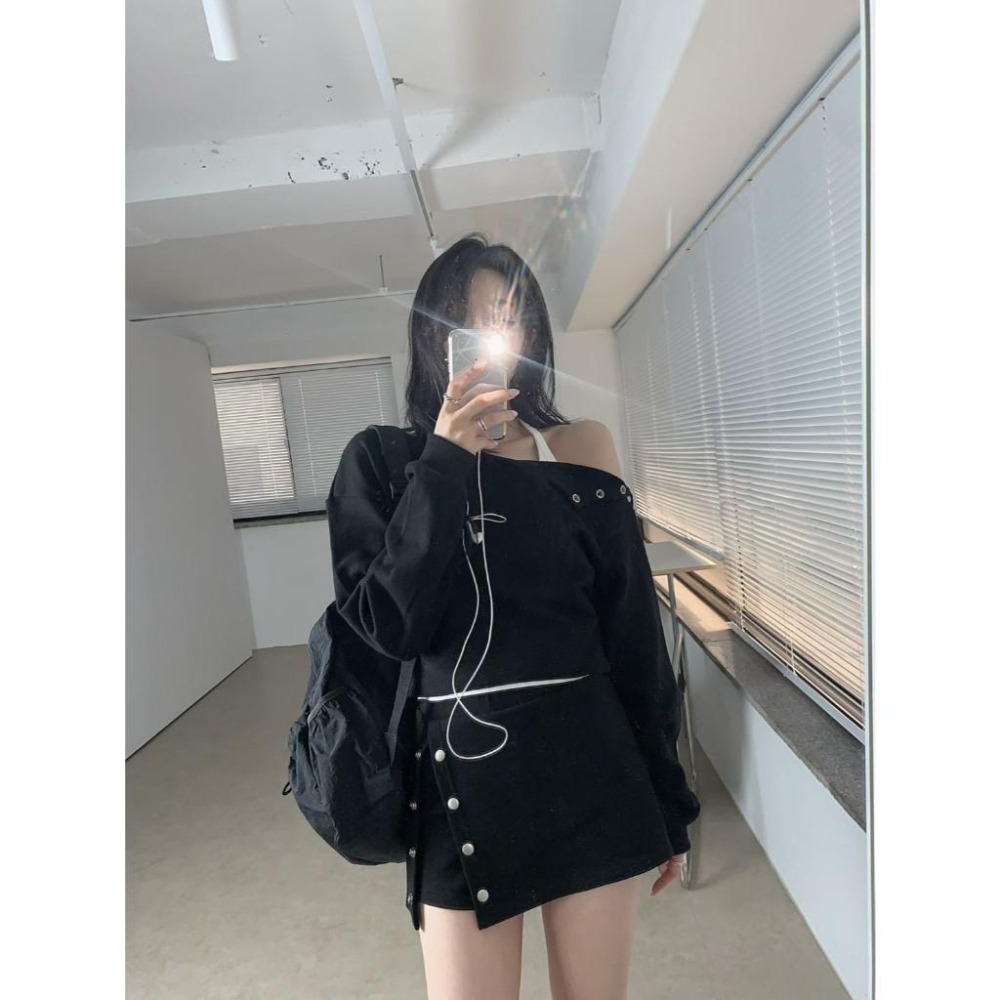 Twins 🇰🇷 韓國代購 東大門 正韓 早秋款 棉質斜肩上衣+鬆緊腰褲裙Set-細節圖7