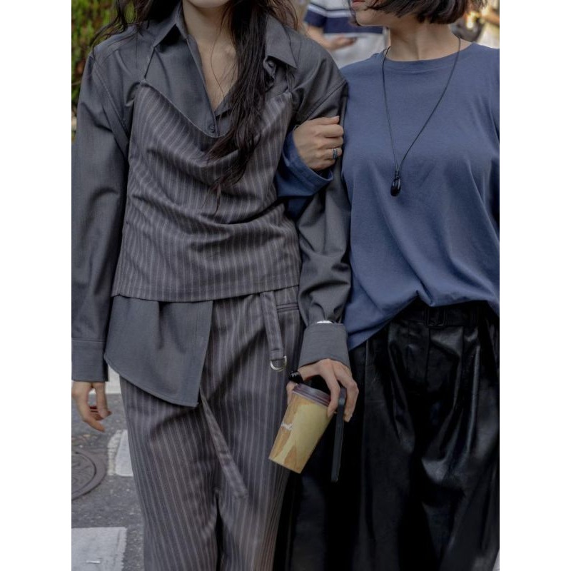 Twins 🇰🇷 韓國代購 東大門 正韓 早秋款 繞脖垂領條紋背心/平口袋條紋長裙(附腰帶)-規格圖9