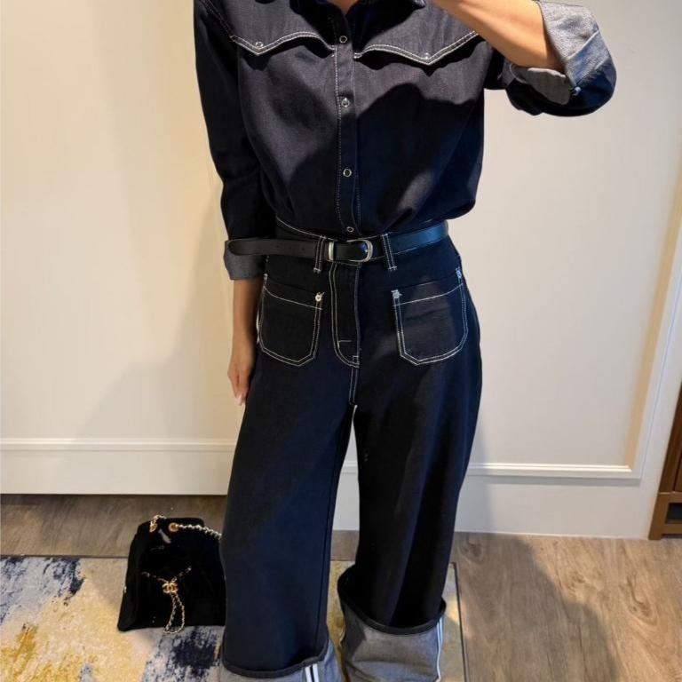 Twins 🇰🇷 韓國代購 東大門 正韓 早秋款 白線壓扣單寧襯衫/白線壓扣單寧襯衫 套裝-細節圖8