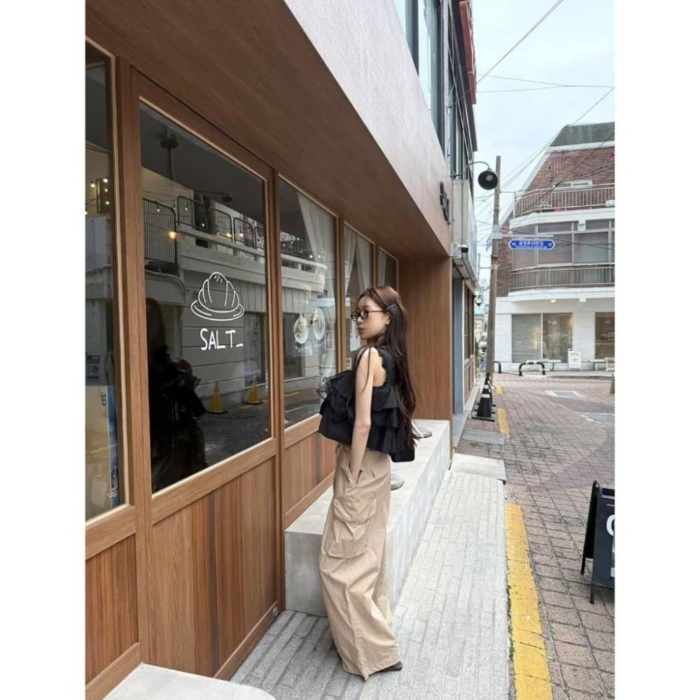 【當天出貨】現貨 Twins 🇰🇷 韓國代購 東大門 正韓 荷葉雙層拚紗背心上衣-細節圖3