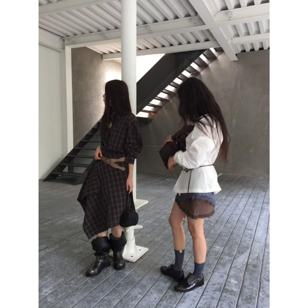Twins 🇰🇷 韓國代購 東大門 正韓 早秋款 格子襯衫+不規則長裙Set-細節圖3