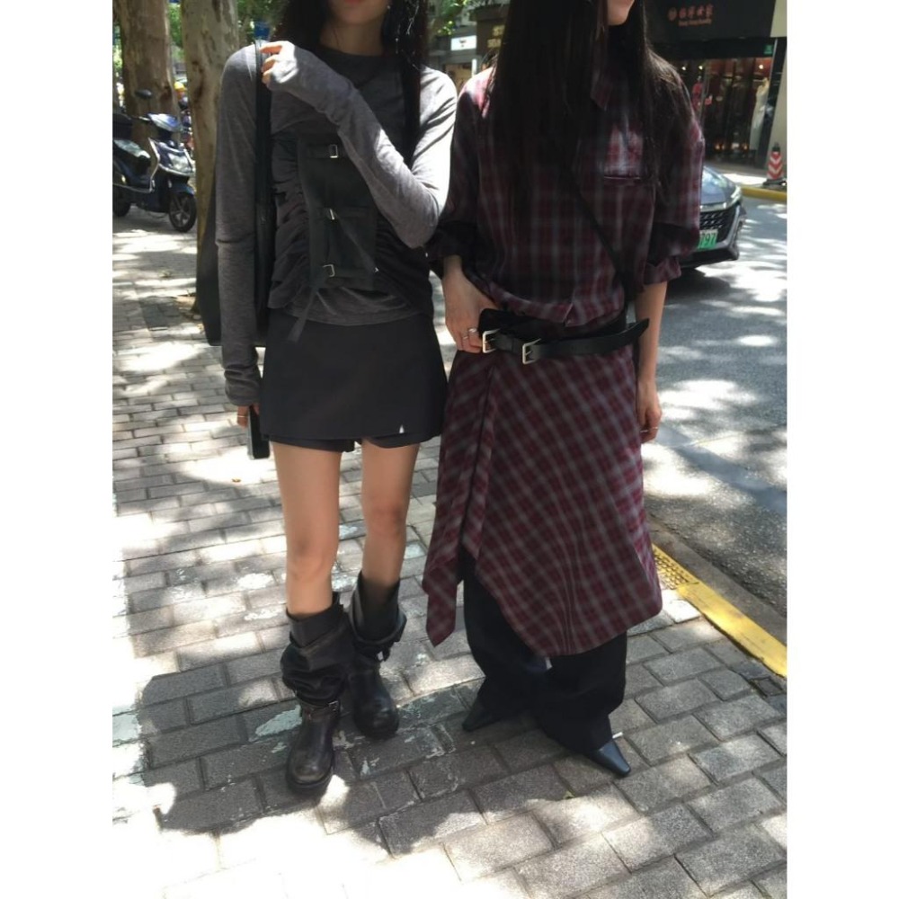Twins 🇰🇷 韓國代購 東大門 正韓 早秋款 格子襯衫+不規則長裙Set-細節圖4