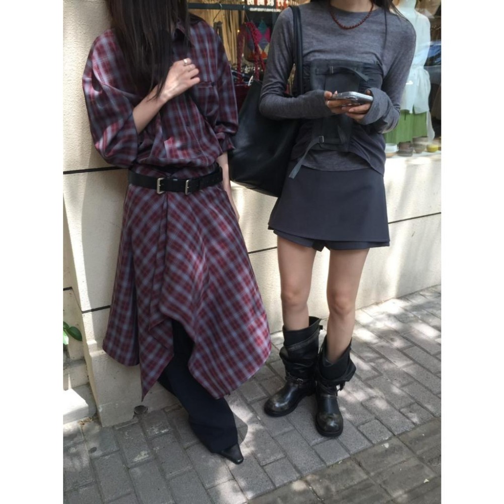 Twins 🇰🇷 韓國代購 東大門 正韓 早秋款 格子襯衫+不規則長裙Set-細節圖5