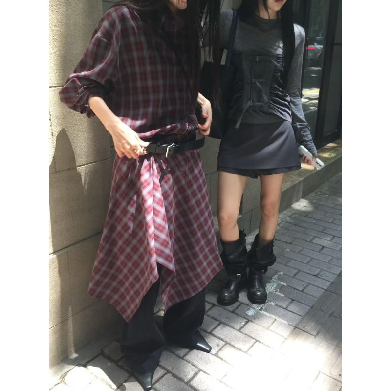 Twins 🇰🇷 韓國代購 東大門 正韓 早秋款 格子襯衫+不規則長裙Set-規格圖9
