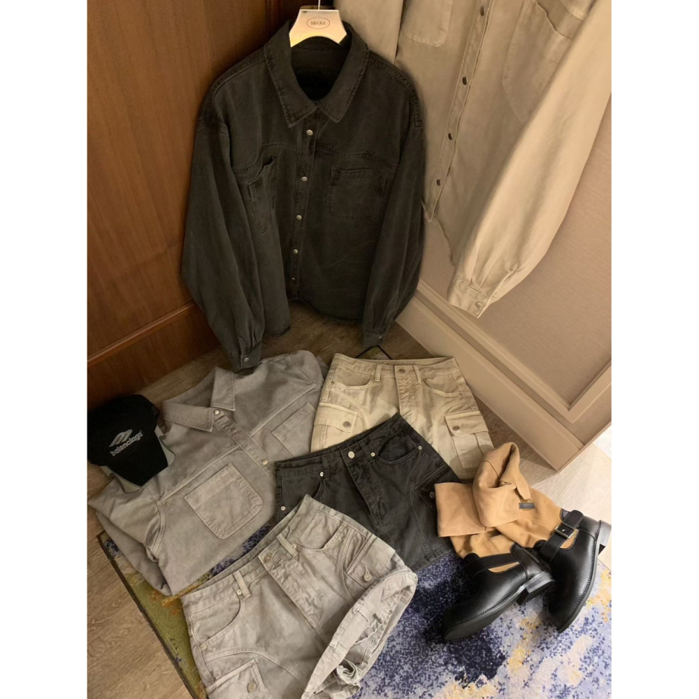 Twins 🇰🇷 韓國代購 東大門 正韓 早秋款 雙口袋水洗感襯衫/弧形線工裝短褲裙-細節圖11