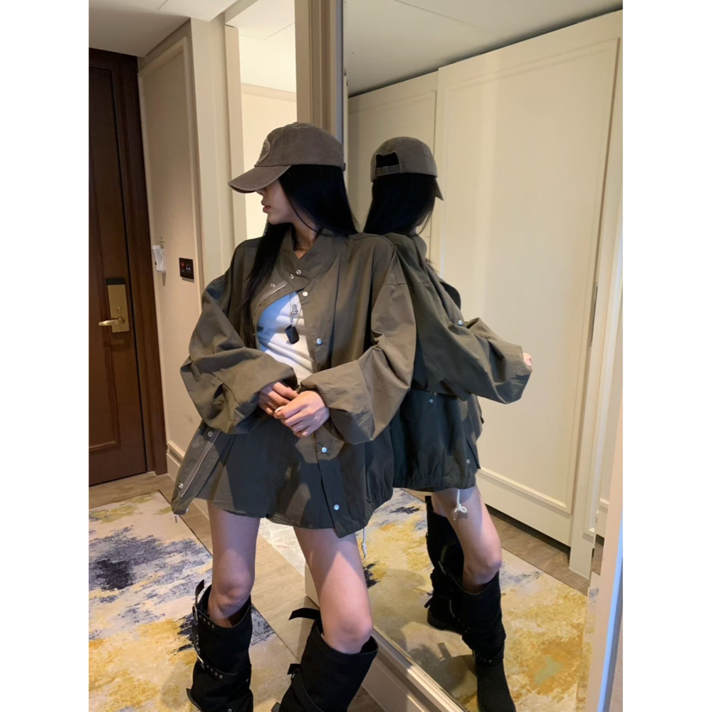 Twins 🇰🇷 韓國代購 東大門 正韓 早秋款 雙口袋水洗感襯衫/弧形線工裝短褲裙-細節圖9
