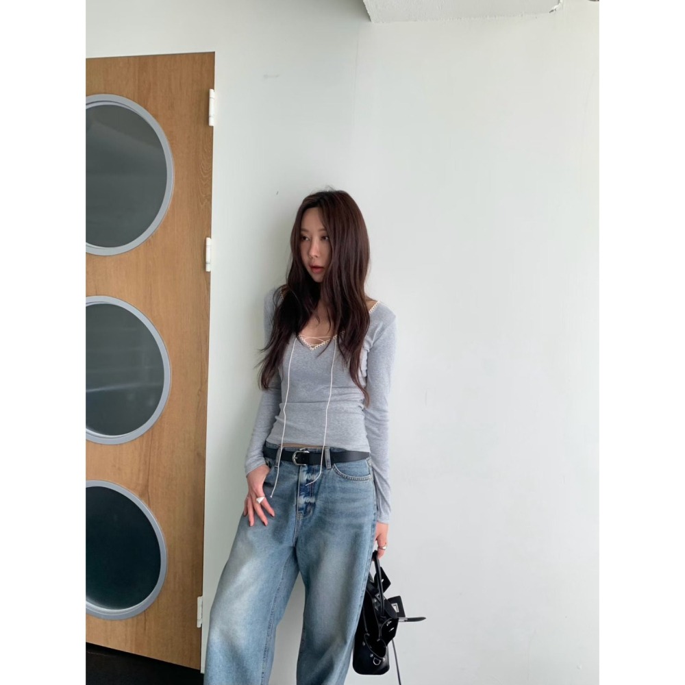 Twins 🇰🇷 韓國代購 東大門 正韓 早秋款 V領綁繩長袖上衣-細節圖5