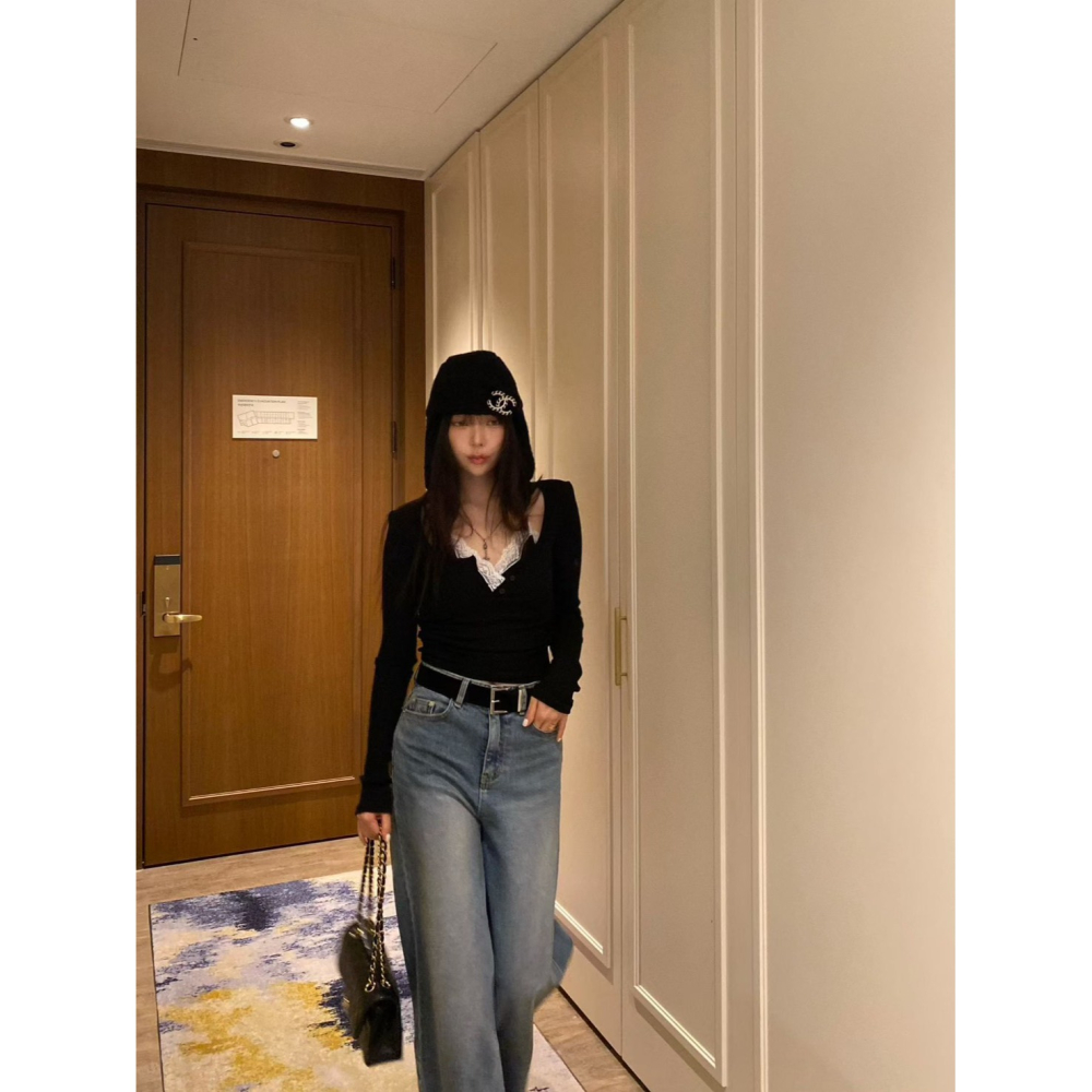 Twins 🇰🇷 韓國代購 東大門 正韓 早秋款 細肩蕾絲假兩件上衣-細節圖6