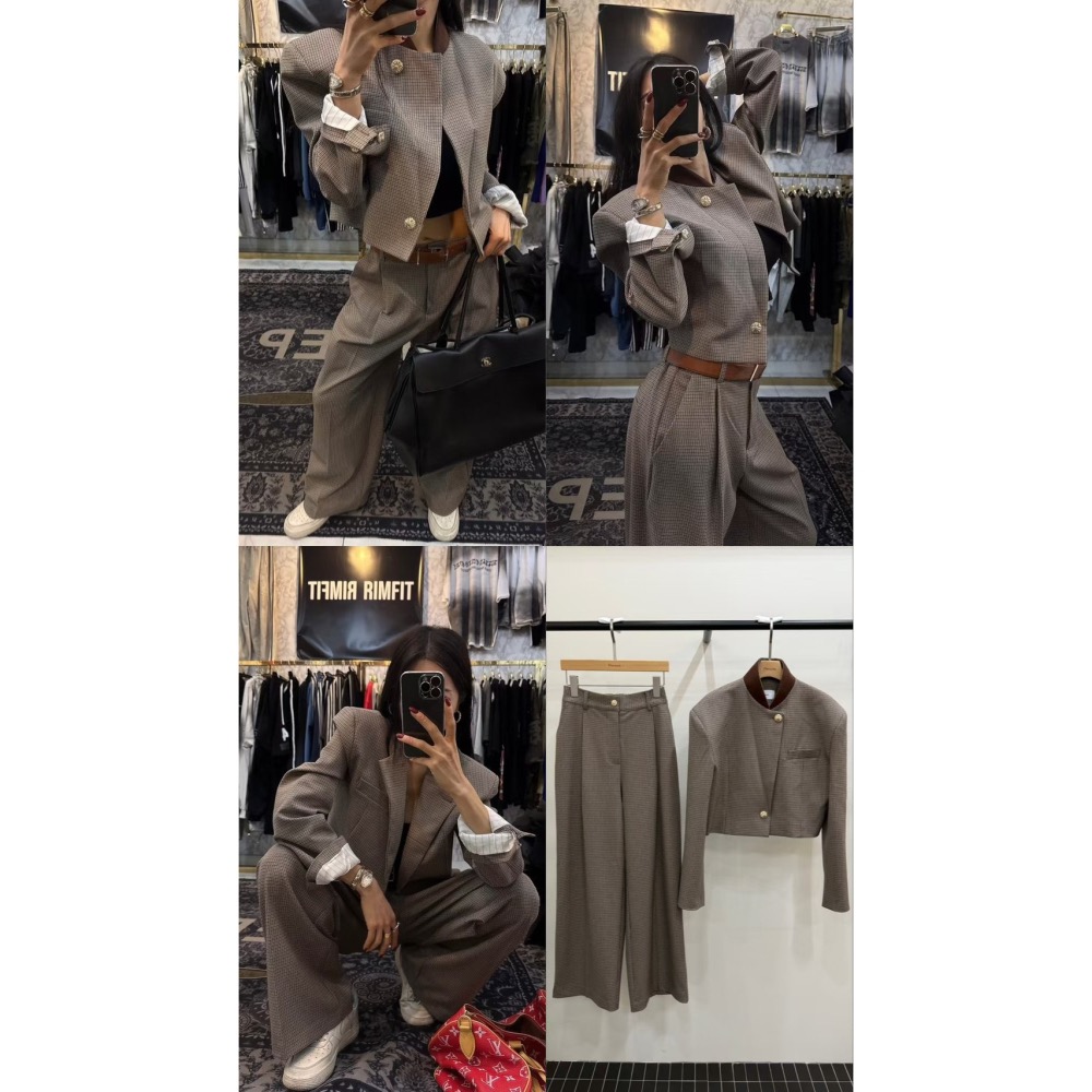 Twins 🇰🇷 韓國代購 東大門 正韓 早秋款 珍妮風毛呢領千鳥格外套/珍妮風後鬆緊千鳥格長褲-細節圖10