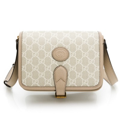 【GUCCI 古馳】 GUCCI 老花後吸扣式馬鞍包 (米灰)  __DVSHOP 保證正貨 台灣現貨不用等-細節圖2