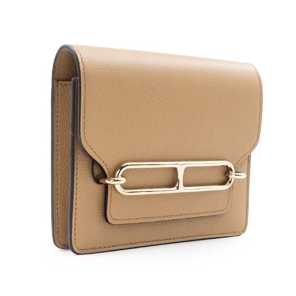 【HERMES 愛馬仕】 HERMES Roulis Slim wallet 豬鼻子錢包 [奶茶/內萊姆綠-香檳金釦]-細節圖4
