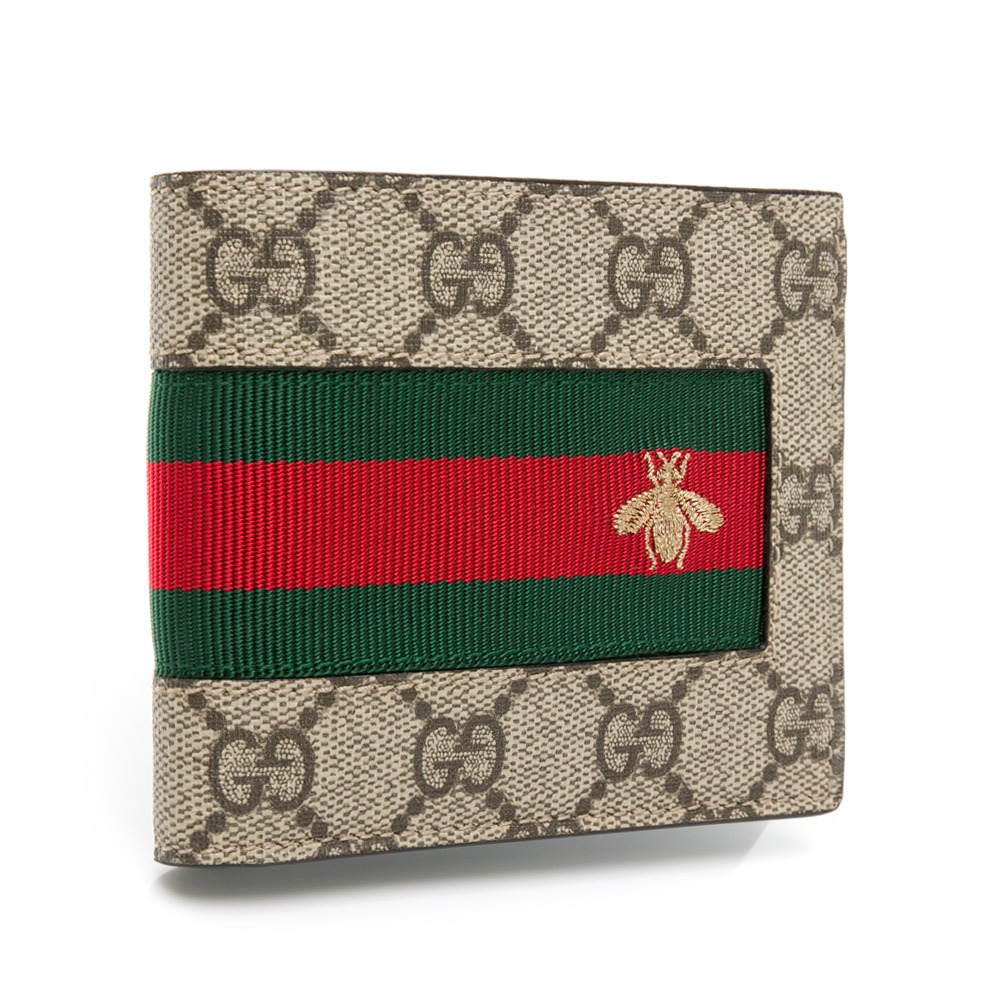 【GUCCI 古馳】 GUCCI Ophidia Supreme 紅綠條紋刺繡蜜蜂老花織帶對開短夾 [老花/蜜蜂]-細節圖2
