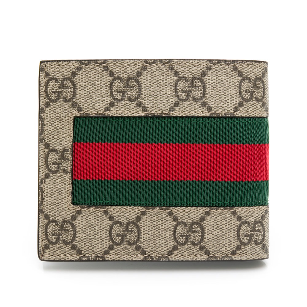 【GUCCI 古馳】 GUCCI Ophidia Supreme 紅綠條紋刺繡蜜蜂老花織帶對開短夾 [老花/蜜蜂]-細節圖3