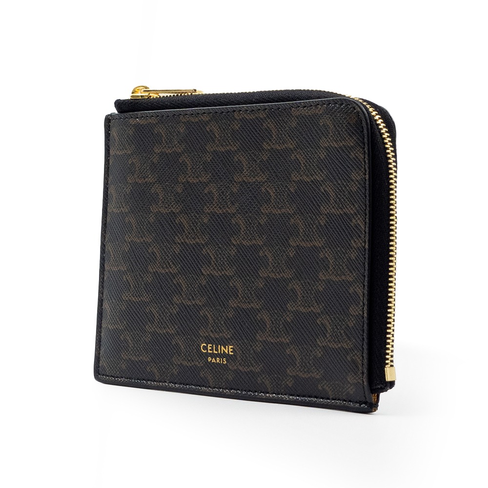 【CELINE 思琳】CELINE TRIOMPHE帆布及羊皮拉鍊銀包連可拆除卡片套 (黃褐色) __ DVSHOP 保-細節圖4