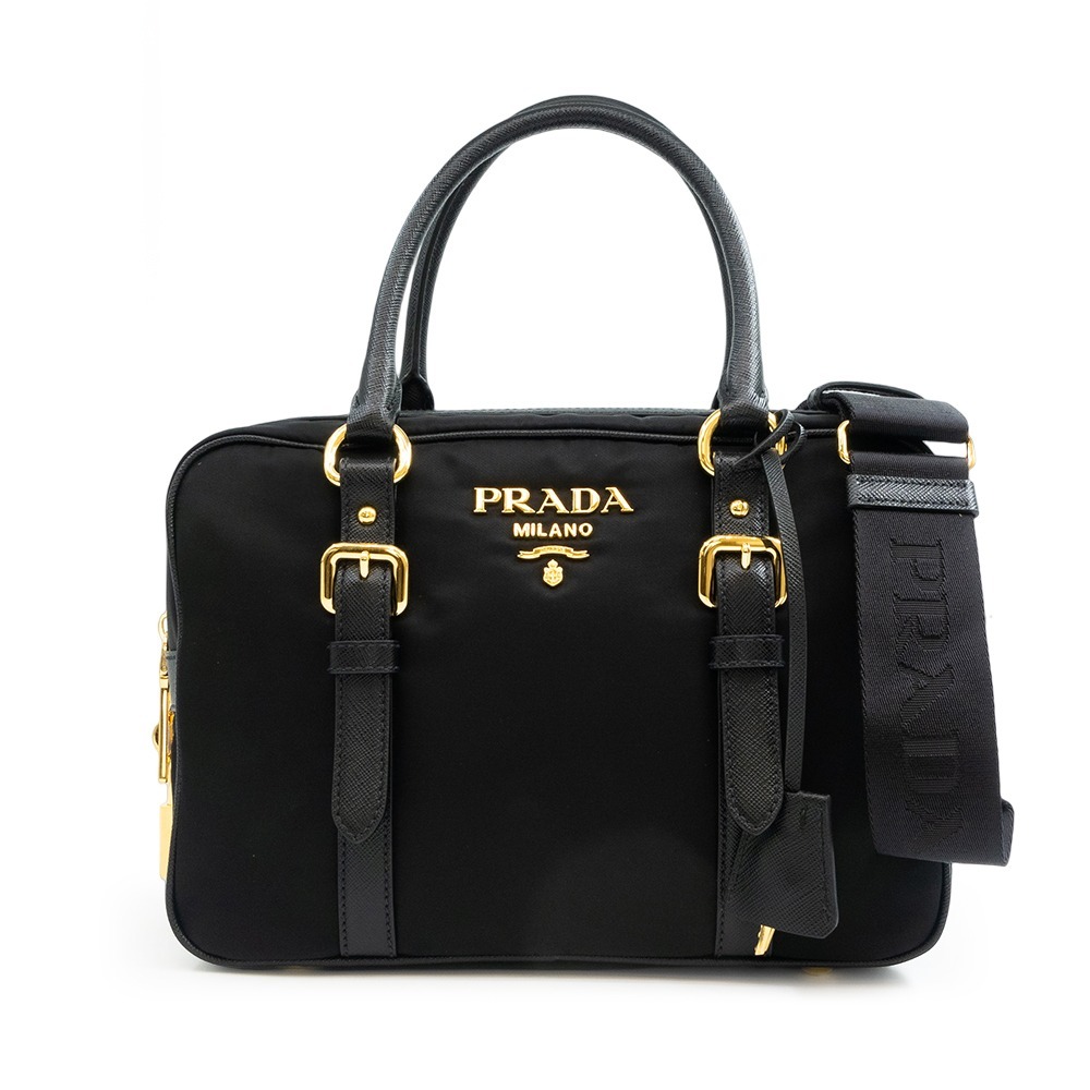 【PRADA 普拉達】PRADA  金字 尼龍手提/肩背包 (黑) __DVSHOP 保證正貨 台灣現貨不用等-細節圖2