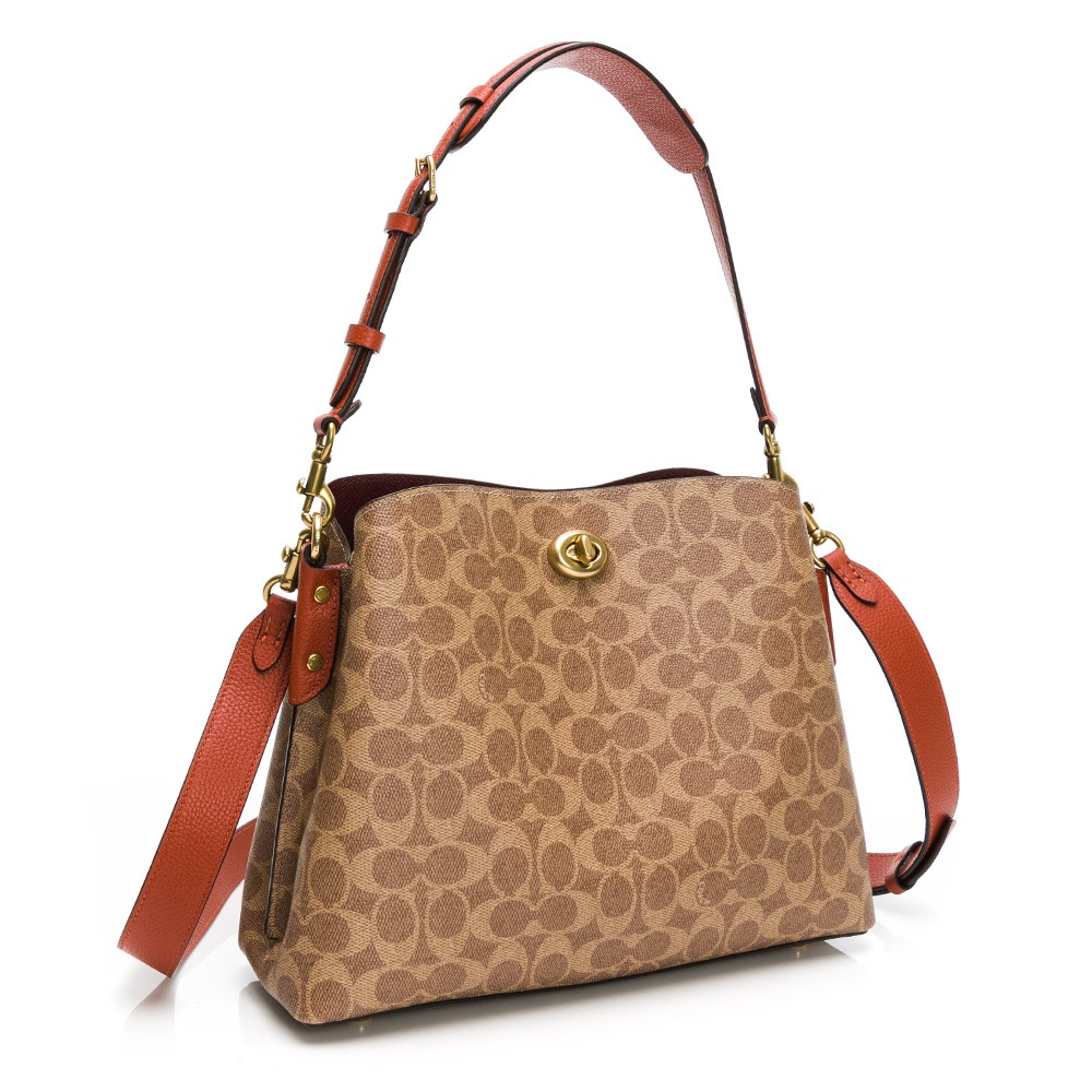 【COACH 蔻馳】COACH  WILLOW BUCKET經典SIGNATURE塗層帆布水桶包 (LOGO咖)-細節圖2