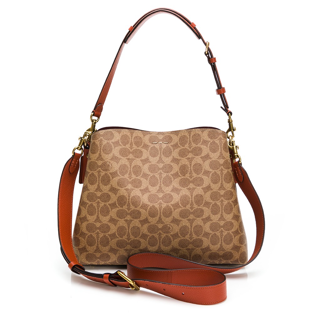 【COACH 蔻馳】COACH  WILLOW BUCKET經典SIGNATURE塗層帆布水桶包 (LOGO咖)-細節圖3