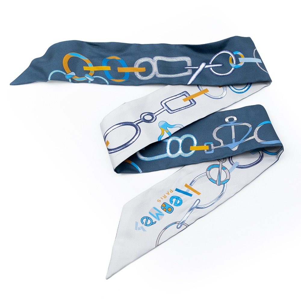 【HERMES 愛馬仕】 HERMES Do Re Boucles 藍色底繩索 Twilly絲巾 [藍色]-細節圖2