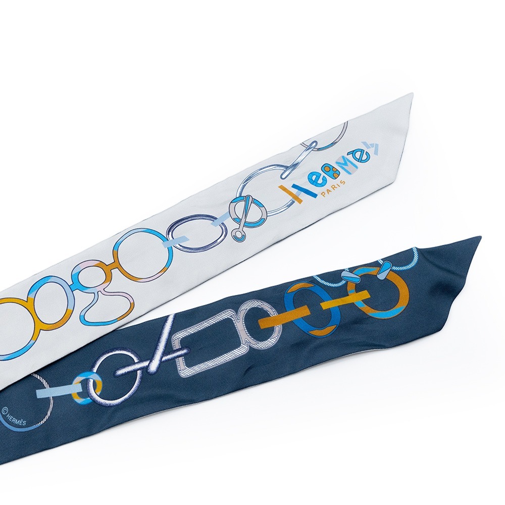 【HERMES 愛馬仕】 HERMES Do Re Boucles 藍色底繩索 Twilly絲巾 [藍色]-細節圖3