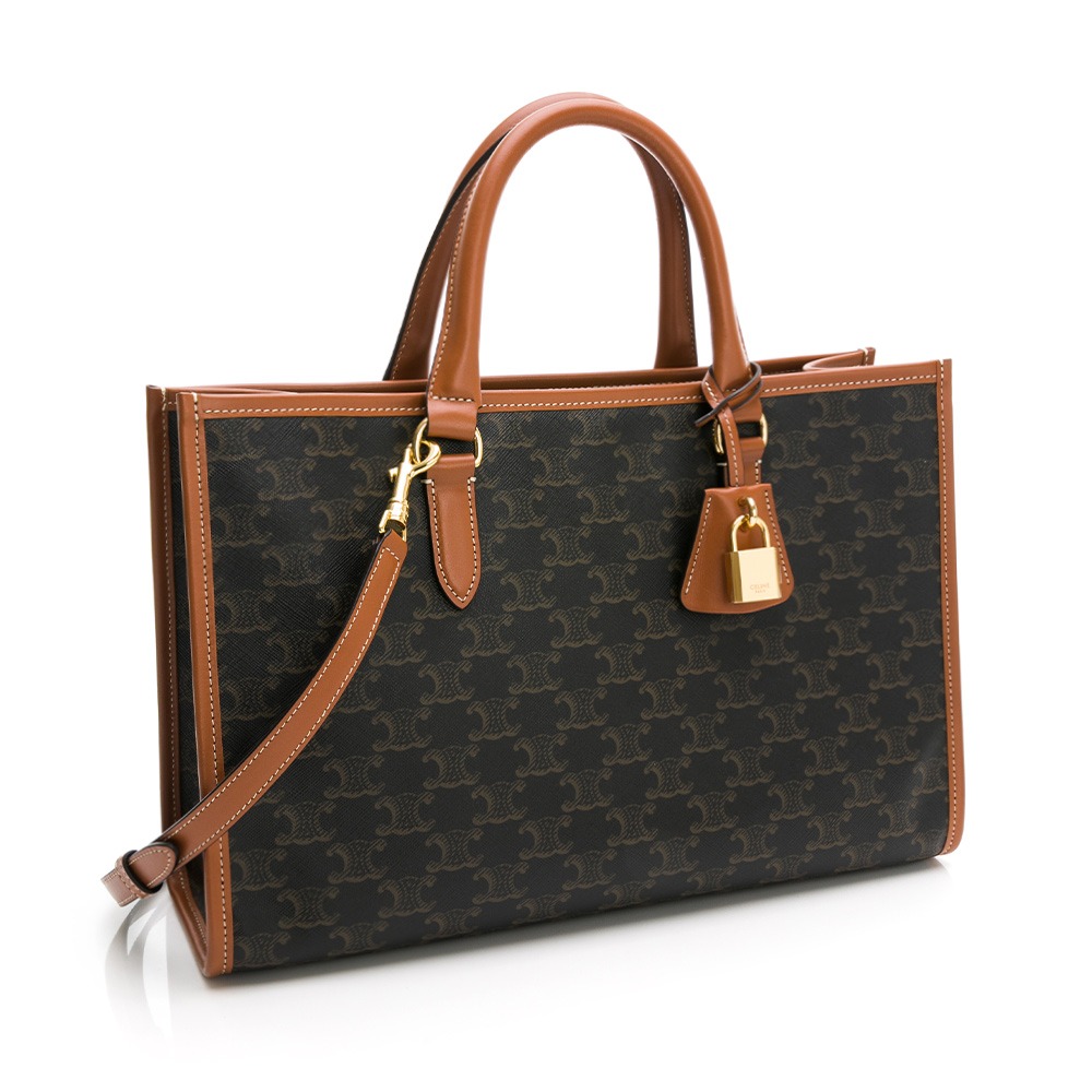 【CELINE 思琳】CELINE TRIOMPHE帆布及小牛皮迷你型橫式CABAS手袋 (黃褐色)  __DVSHOP-細節圖2