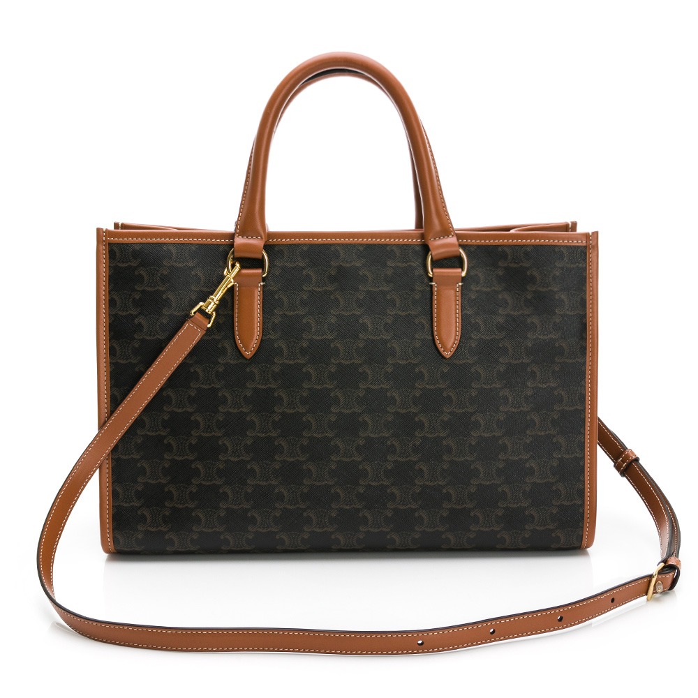 【CELINE 思琳】CELINE TRIOMPHE帆布及小牛皮迷你型橫式CABAS手袋 (黃褐色)  __DVSHOP-細節圖3