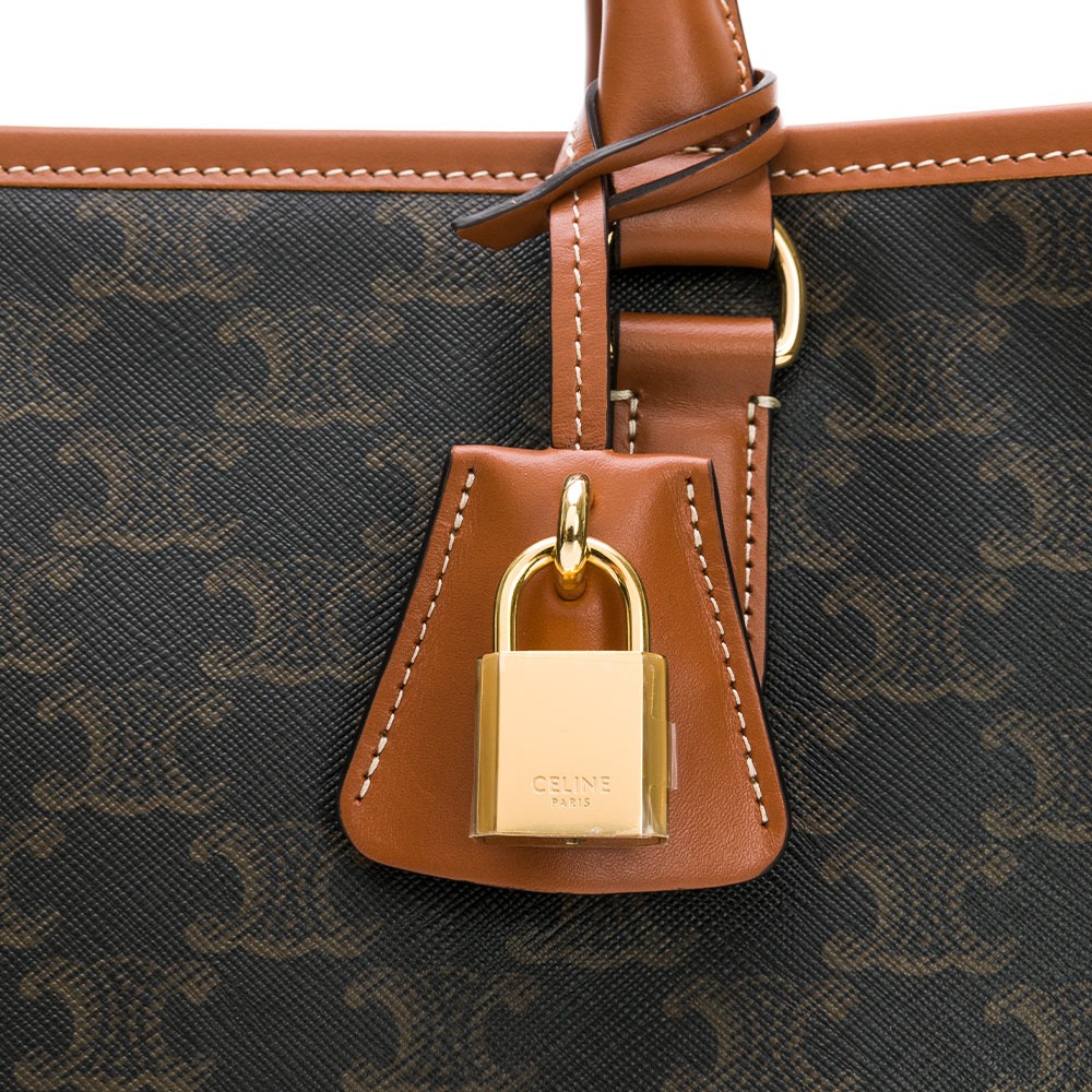 【CELINE 思琳】CELINE TRIOMPHE帆布及小牛皮迷你型橫式CABAS手袋 (黃褐色)  __DVSHOP-細節圖5