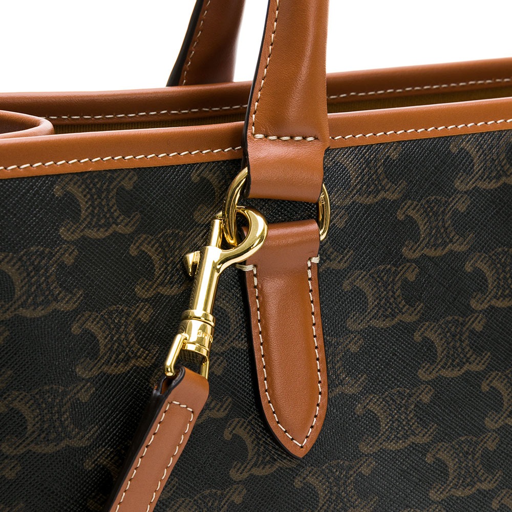 【CELINE 思琳】CELINE TRIOMPHE帆布及小牛皮迷你型橫式CABAS手袋 (黃褐色)  __DVSHOP-細節圖6