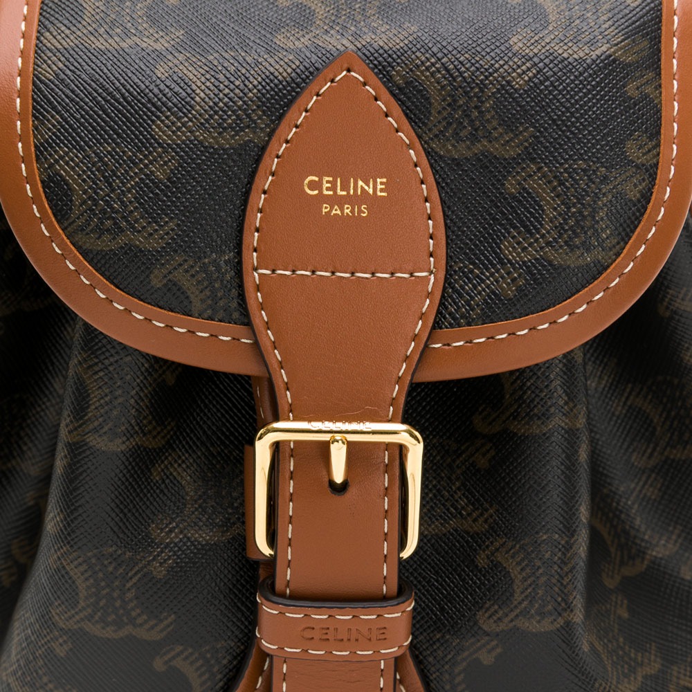 【CELINE 思琳】CELINE TRIOMPHE帆布及小牛皮迷你FOLCO背包 (黃褐色)  __DVSHOP 保證-細節圖6