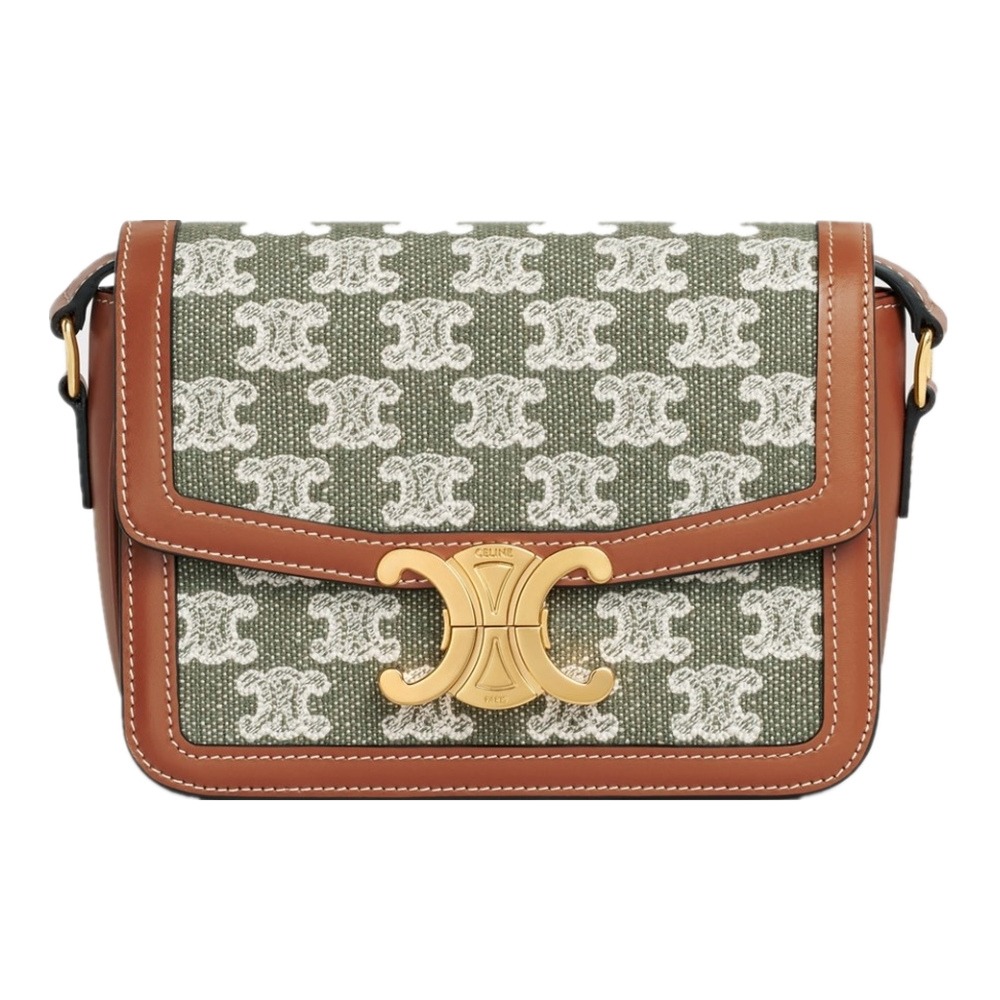 【CELINE 思琳】CELINE 老花牛仔帆布 棕皮革飾邊 斜背包 [綠] __DVSHOP 保證正貨 台灣現貨不用等-細節圖3