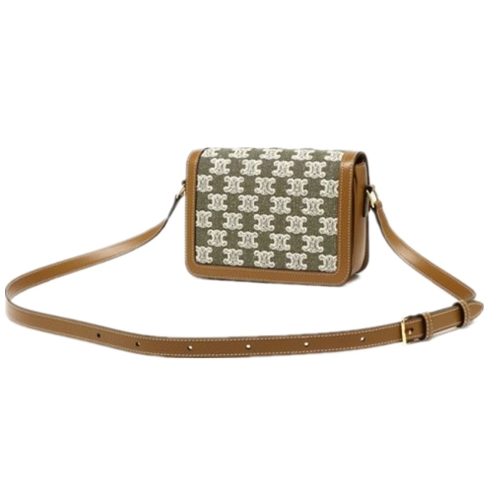 【CELINE 思琳】CELINE 老花牛仔帆布 棕皮革飾邊 斜背包 [綠] __DVSHOP 保證正貨 台灣現貨不用等-細節圖4