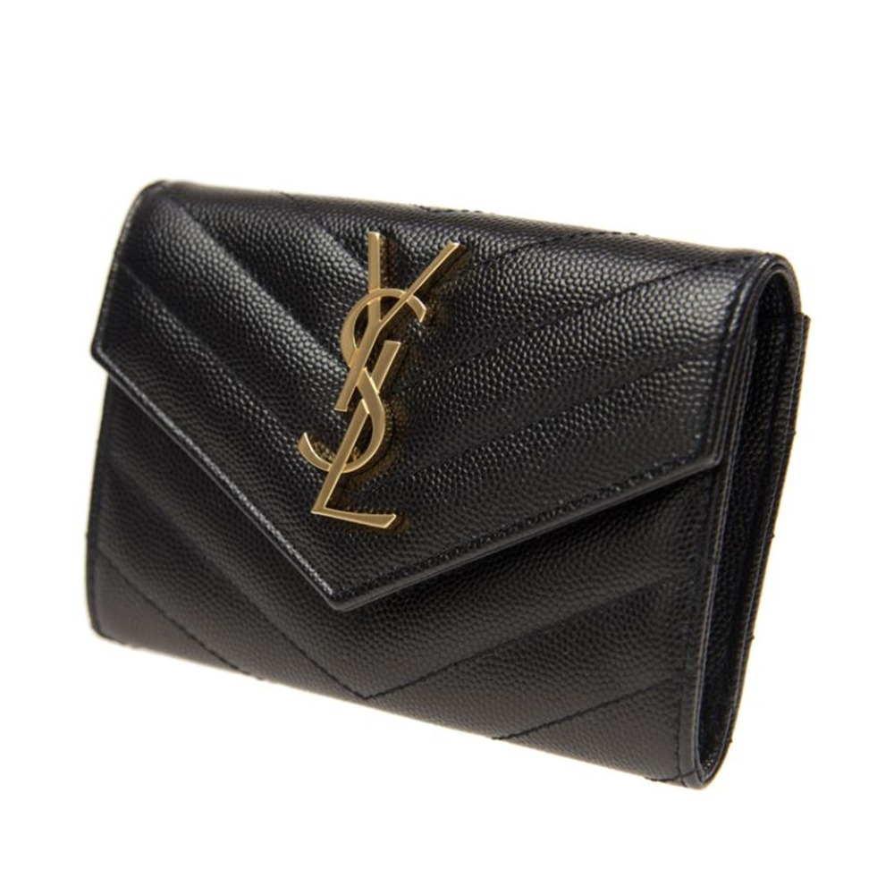 【YSL 聖羅蘭】 YSL 暗釦信封卡夾 山形紋 (黑-金logo)  __DVSHOP 保證正貨 台灣現貨不用等-細節圖2