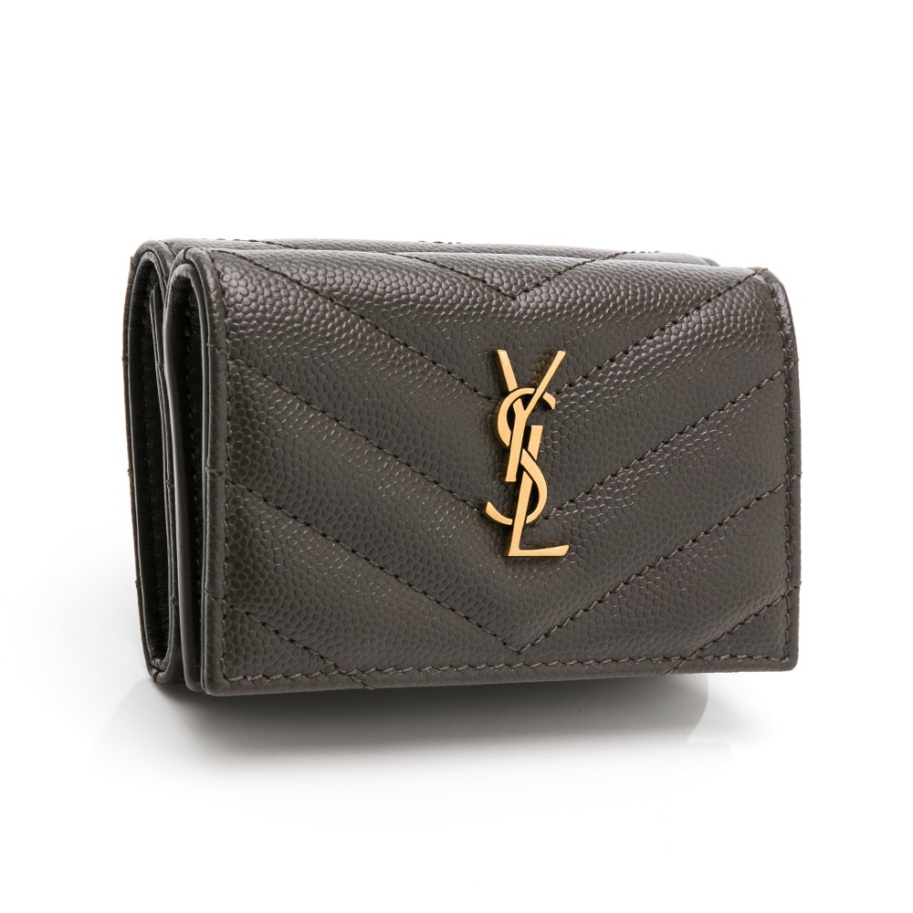 【YSL 聖羅蘭】 YSL 迷你三折短夾 灰金 零錢袋雙扣  __DVSHOP 保證正貨 台灣現貨不用等-細節圖2