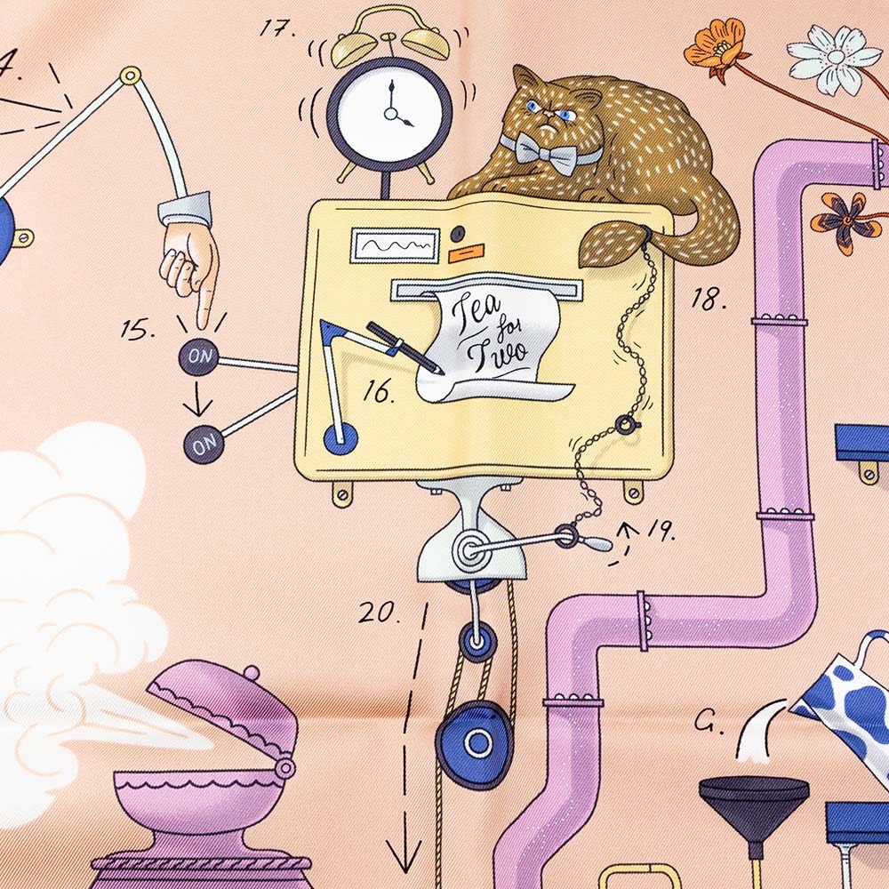 【HERMES 愛馬仕】 HERMES TEA FOR TWO悠閒下午茶造型絲巾/方巾(玫瑰粉色 / 白色 / 藍色)-細節圖2