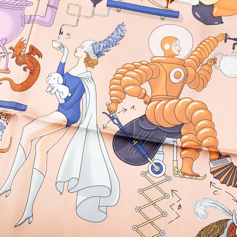 【HERMES 愛馬仕】 HERMES TEA FOR TWO悠閒下午茶造型絲巾/方巾(玫瑰粉色 / 白色 / 藍色)-細節圖3