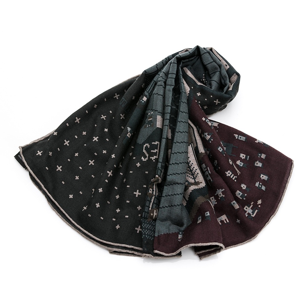 【HERMES 愛馬仕】 HERMES  Faubourg Party scarf 建築物街道 方巾/披肩(深灰)-細節圖2