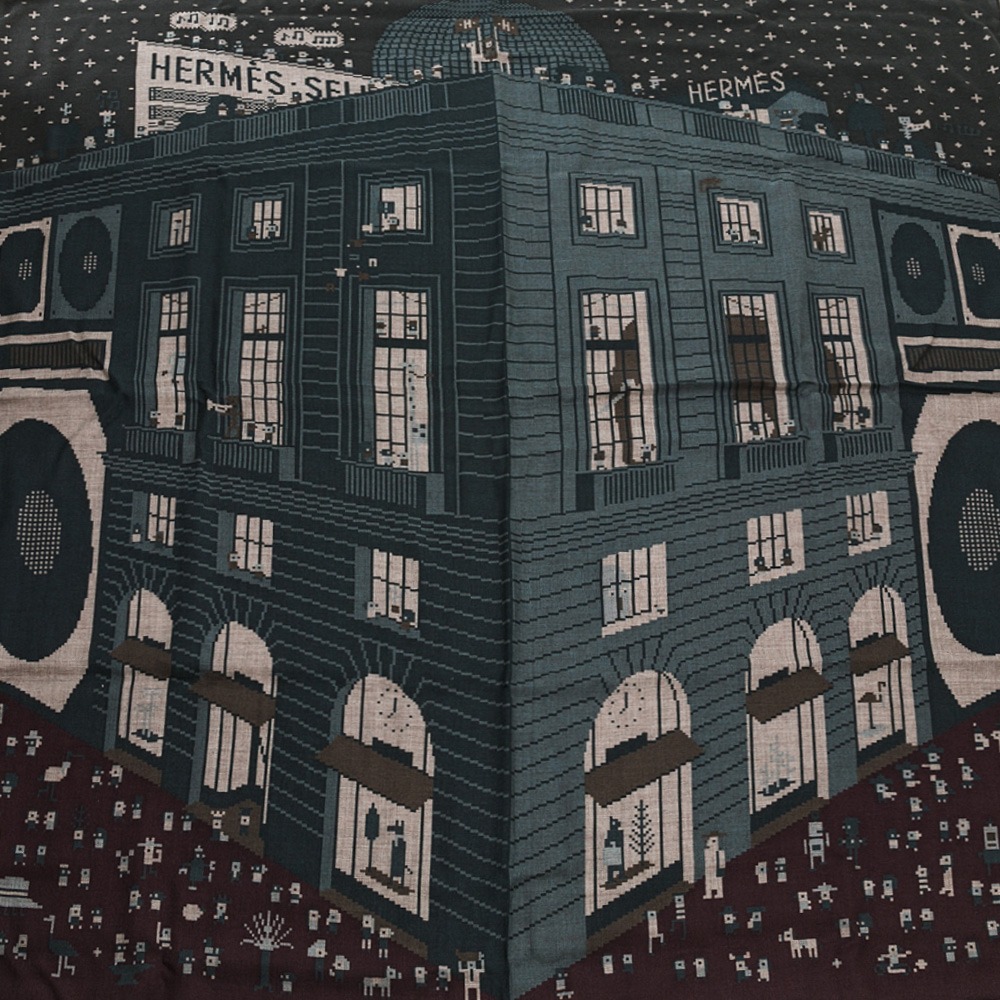 【HERMES 愛馬仕】 HERMES  Faubourg Party scarf 建築物街道 方巾/披肩(深灰)-細節圖3