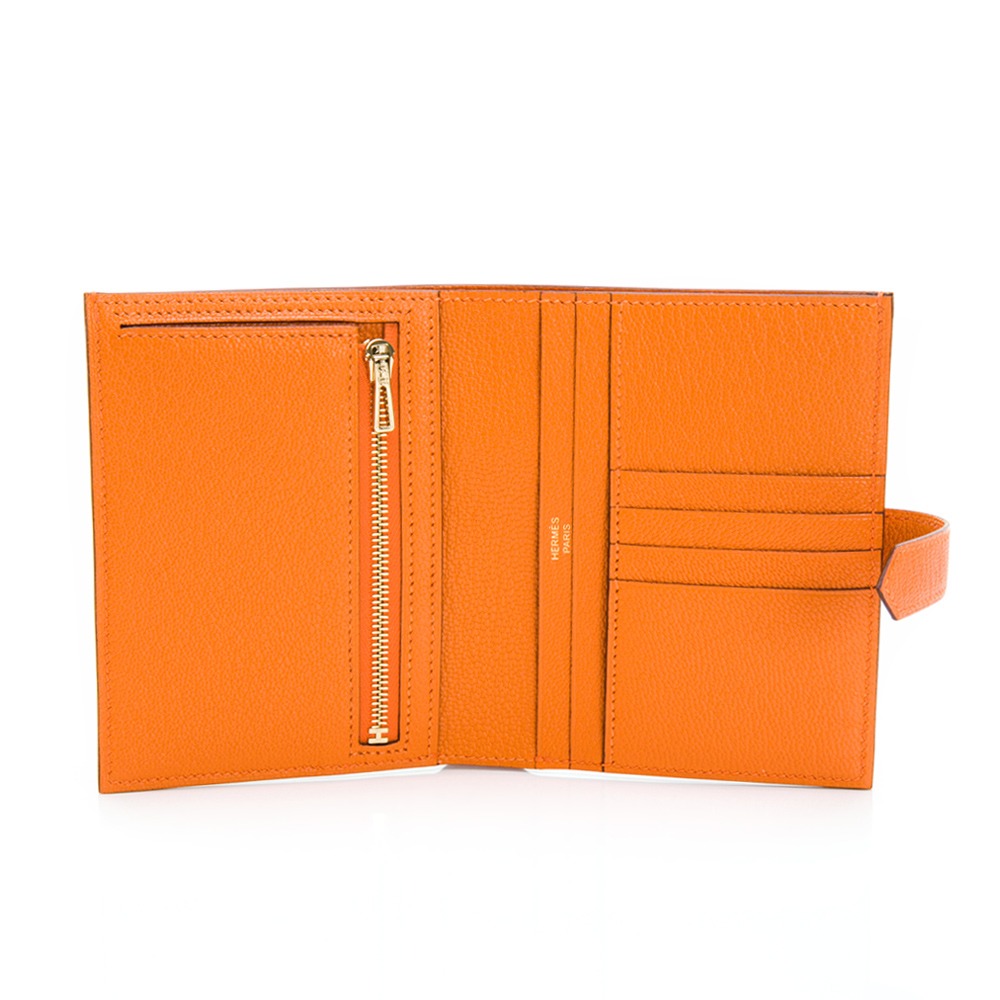 【HERMES 愛馬仕】 HERMES Bearn Compact wallet 經典H穿釦防刮中夾 (橘)-細節圖4