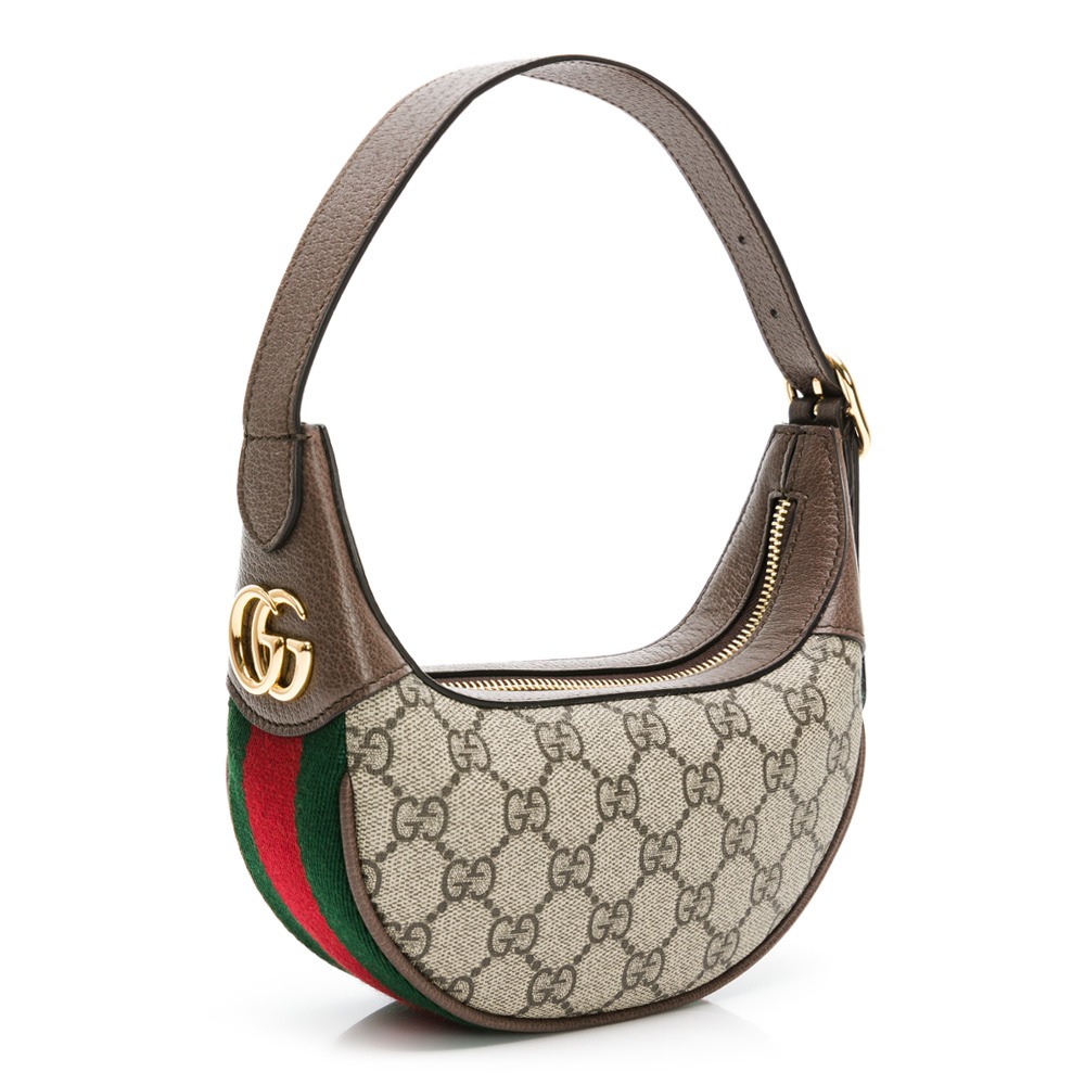 【GUCCI 古馳】 GUCCI Ophidia帆布手提/肩背彎月包 (提把咖/底部綴綠紅色織帶)-細節圖2