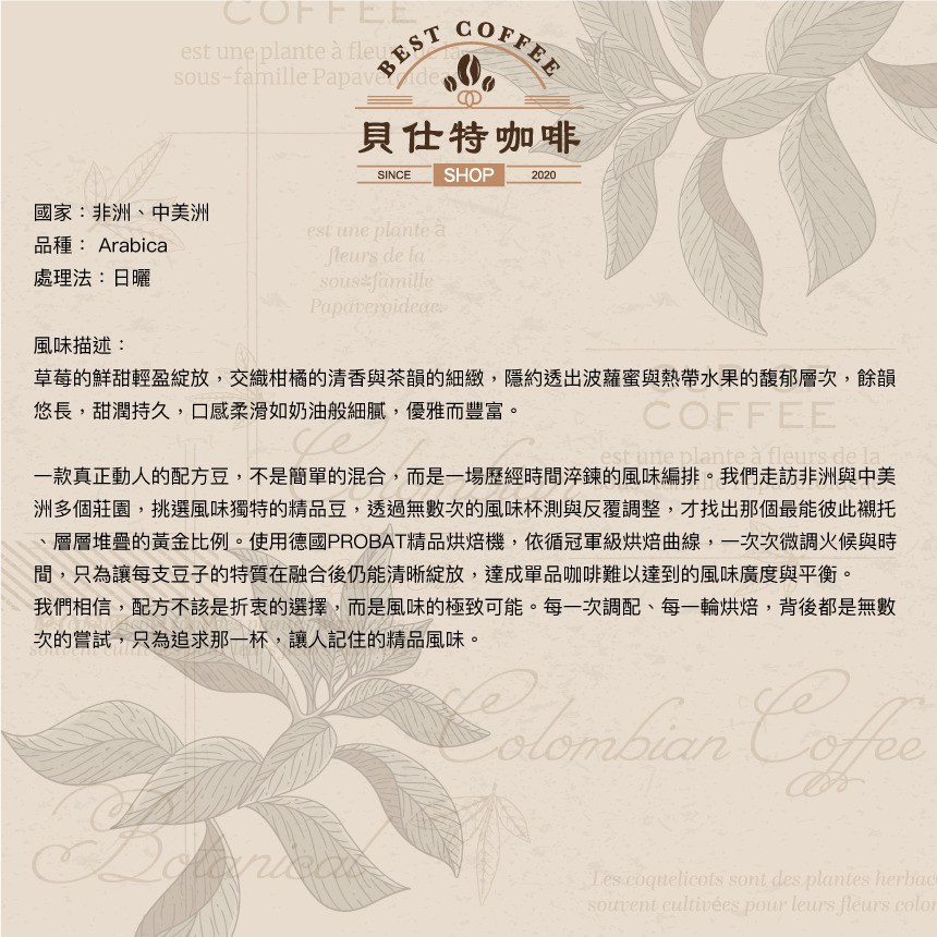 《貝仕特咖啡》職人冠軍烘焙 黃金比例 精品配方 日曬 咖啡豆《中烘焙》《半磅》-細節圖2
