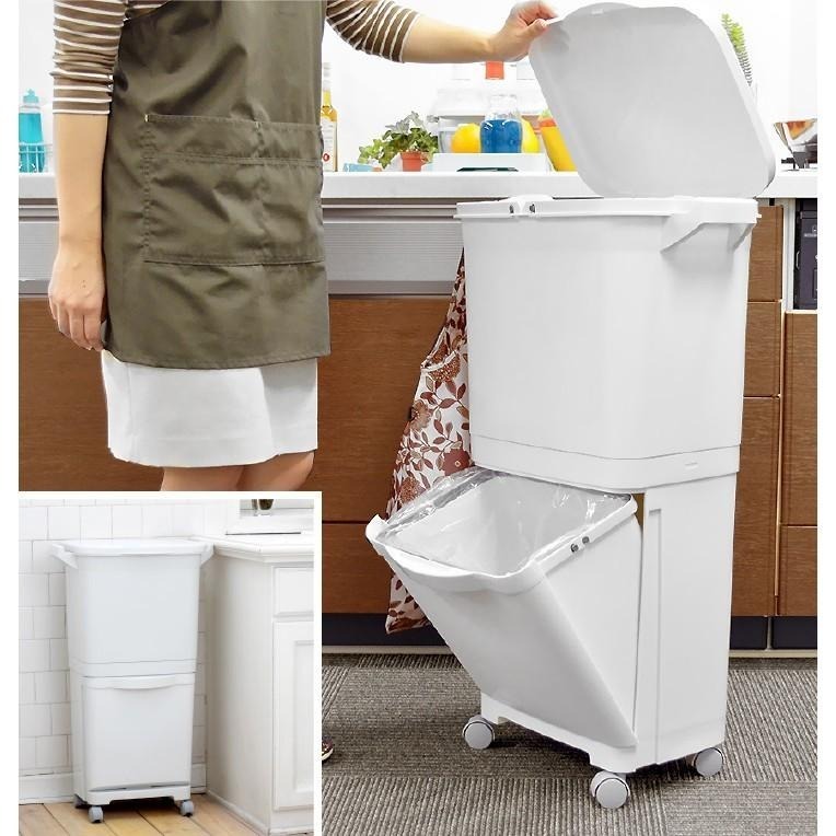 日本RISU｜H&H直立雙層分類附輪(單蓋)式垃圾桶 45L-細節圖3